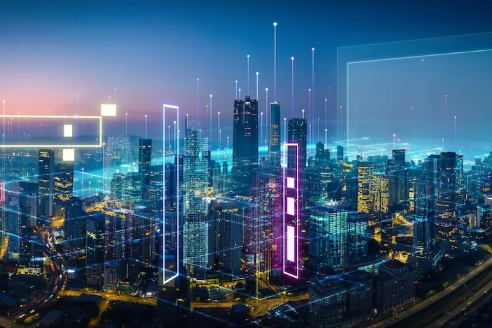 Visualization of data on dark city skyline.